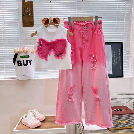 White Pink Ribbon Tank Set Pink Denim Pants