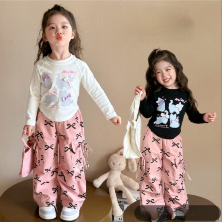 White Mimi Cat Top Set Pink Ribbon Cargo Pants