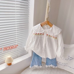 White Embroidery Flowers Top Set Denim Flowers Pants