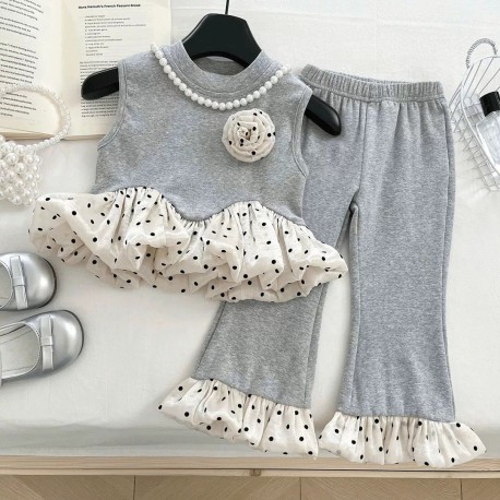 Grey Puffy Polkadot Ruffles Top Set Pants
