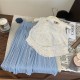 White Beautiful Embroidery Top Set Blue Pleated Pants