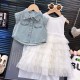 White Layered Ruffles Dress Set Denim Outer