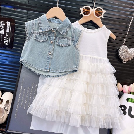 White Layered Ruffles Dress Set Denim Outer