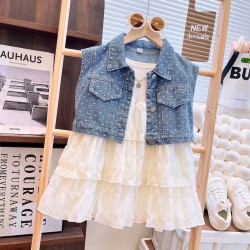 Cream Layered Dress Set Blue Denim Outer