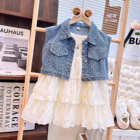 Cream Layered Dress Set Blue Denim Outer