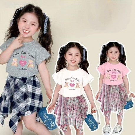 Pink Bear Top Set Assimetry Plaid Skort