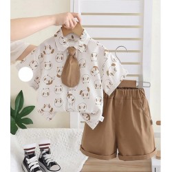 3in1 Panda Shirt Set Brown Short + Tie