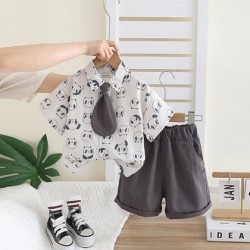 3in1 Panda Shirt Set Grey Short + Tie