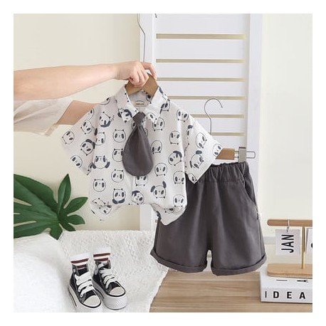 3in1 Panda Shirt Set Grey Short + Tie