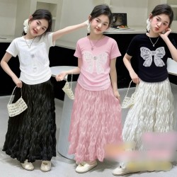 White Lace Ribbon Pearl Top Set Fluffy Skirt