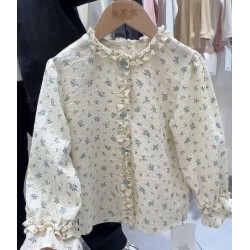 Cream Blue Floral Ruffles Top