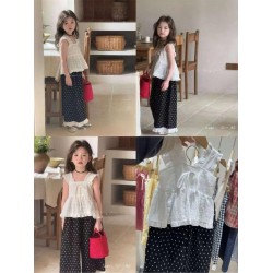 White Ruffles Top Set Wide Polka Pants