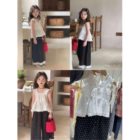 White Ruffles Top Set Wide Polka Pants