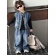3in1 Black Long Sleeve T-Shirt Set Denim Vest and Pants