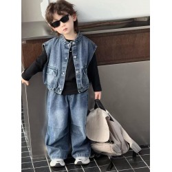 3in1 Black Long Sleeve T-Shirt Set Denim Vest and Pants