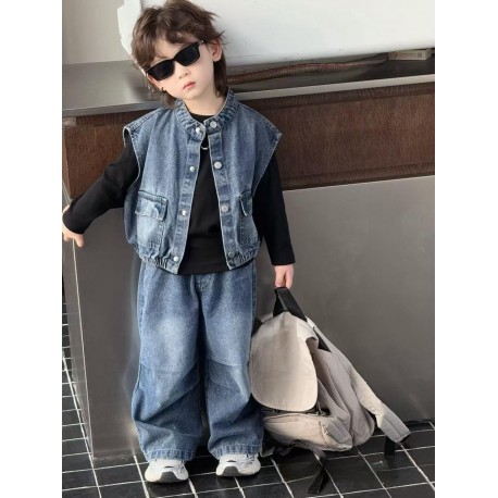 3in1 Black Long Sleeve T-Shirt Set Denim Vest and Pants