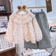 Cream Purple Lil Floral Lace Top Set Denim Pants