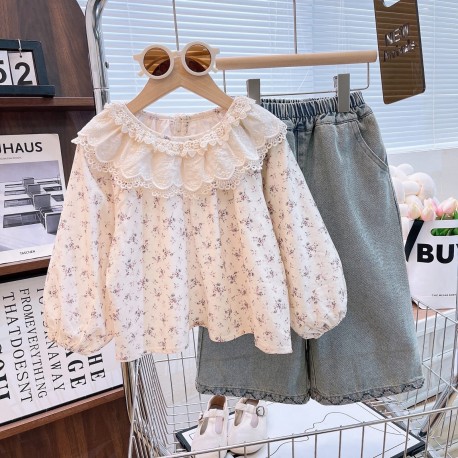 Cream Purple Lil Floral Lace Top Set Denim Pants