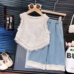 White Beautiful Embroidery Top Set Denim Lace Pants