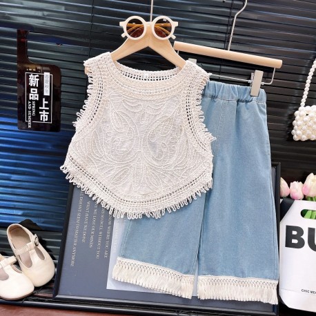 White Beautiful Embroidery Top Set Denim Lace Pants