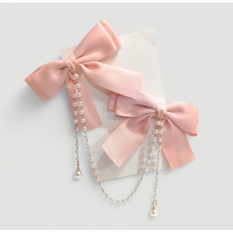 Peach Two Sateen Pearl Ribbon Hair clips