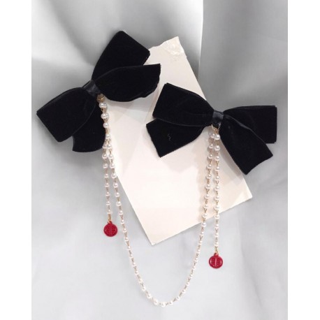 Black Two Velvet Pearl Ribbon Hair clips