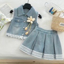 Denim Lace Top Set Pleated Skirt