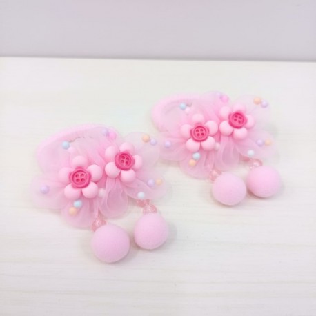 2Pcs Button Flowers Pompom Hairbands