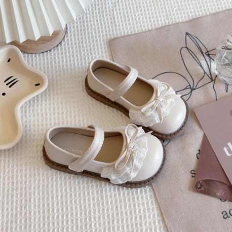 White Front Lace Ribbon Flat Shoes