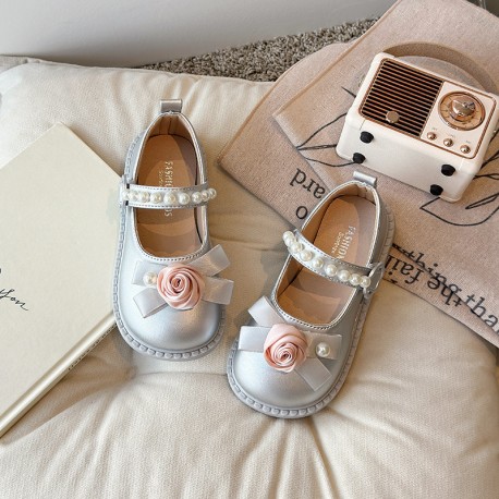 Silver Pearl Rose Ribbon Flat Shoes