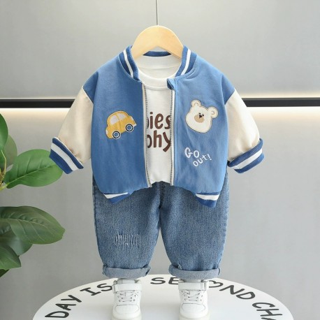 3in1 Blue Bear Car Jacket Set White LS Top Set Denim Pants