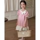 Pink Puffy Sleeve Ribbon Cotton Dress