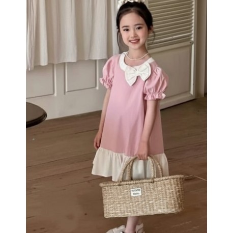 Pink Puffy Sleeve Ribbon Cotton Dress