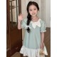 Green  Puffy Sleeve Ribbon Cotton Dress