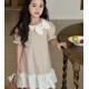 Light brown Puffy Sleeve Ribbon Cotton Dress