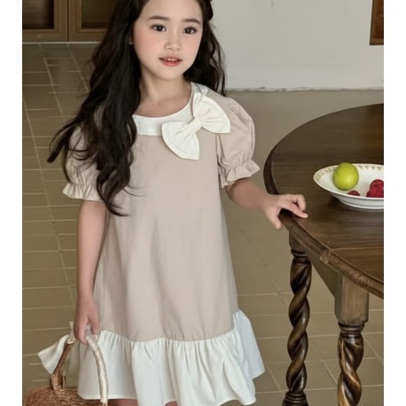 Light brown Puffy Sleeve Ribbon Cotton Dress