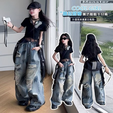 Black Side Lace Top Set Korean Ripped Wide Denim Pants