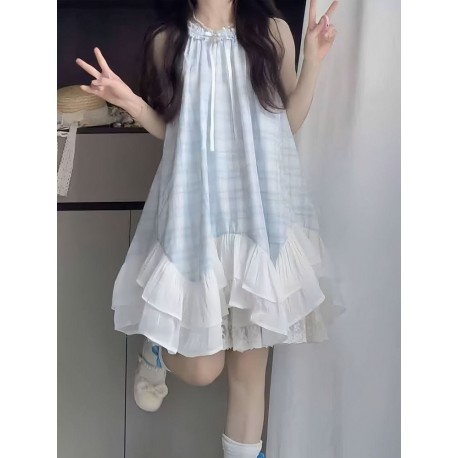 2in1 Blue White Plaid Ruffle Dress Set Inner Shorts