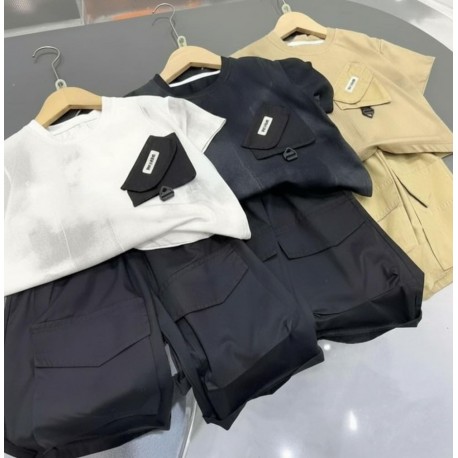 White Slanted Pocket Top Set Cargo Shorts