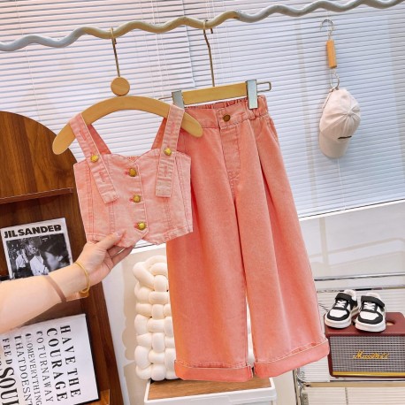 Peach Denim Tank Set Wide Pants