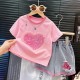Pink Sequins Heart Top Set Denim Ripped Short