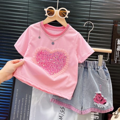 Pink Sequins Heart Top Set Denim Ripped Short