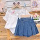 White Vintage Lace Top Set Denim Pleated Skirt