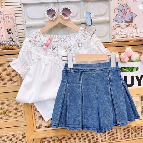 White Vintage Lace Top Set Denim Pleated Skirt