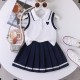 White Heart Top Set Navy Pleated Skirt