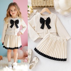 Cream Black Long Sleeve Top Set Pleated Skirt