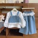 3in1 White Puffy Top Set Denim Polka Lace Outer and Pants