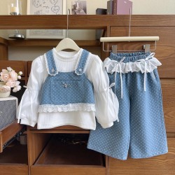 3in1 White Puffy Top Set Denim Polka Lace Outer and Pants