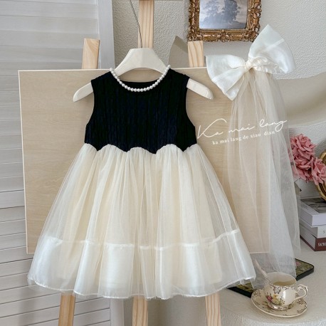 Black White Tutu Pearl Dress with Hair Accessories