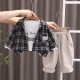 3in1 White Dog Tee Plaid Shirt Set Beige Pants